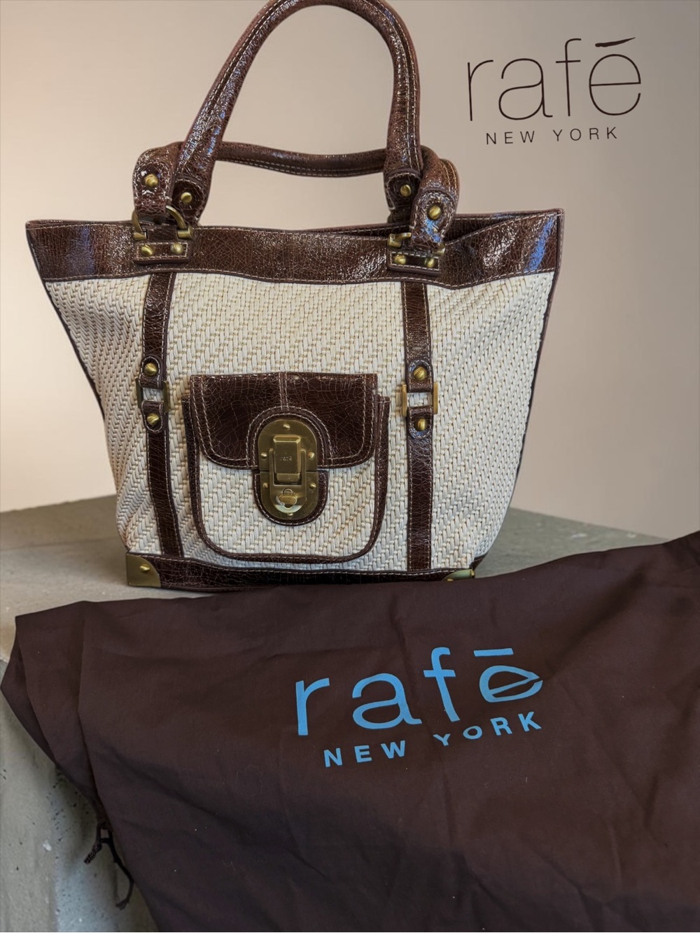 Rafe New York Woven Market Tote Bag Brown Croc Trim A BEAUTY!